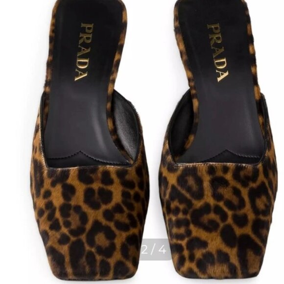 New Prada 35MM Calf Hair Leopard Mules 37.5/7.5 - Picture 1 of 6